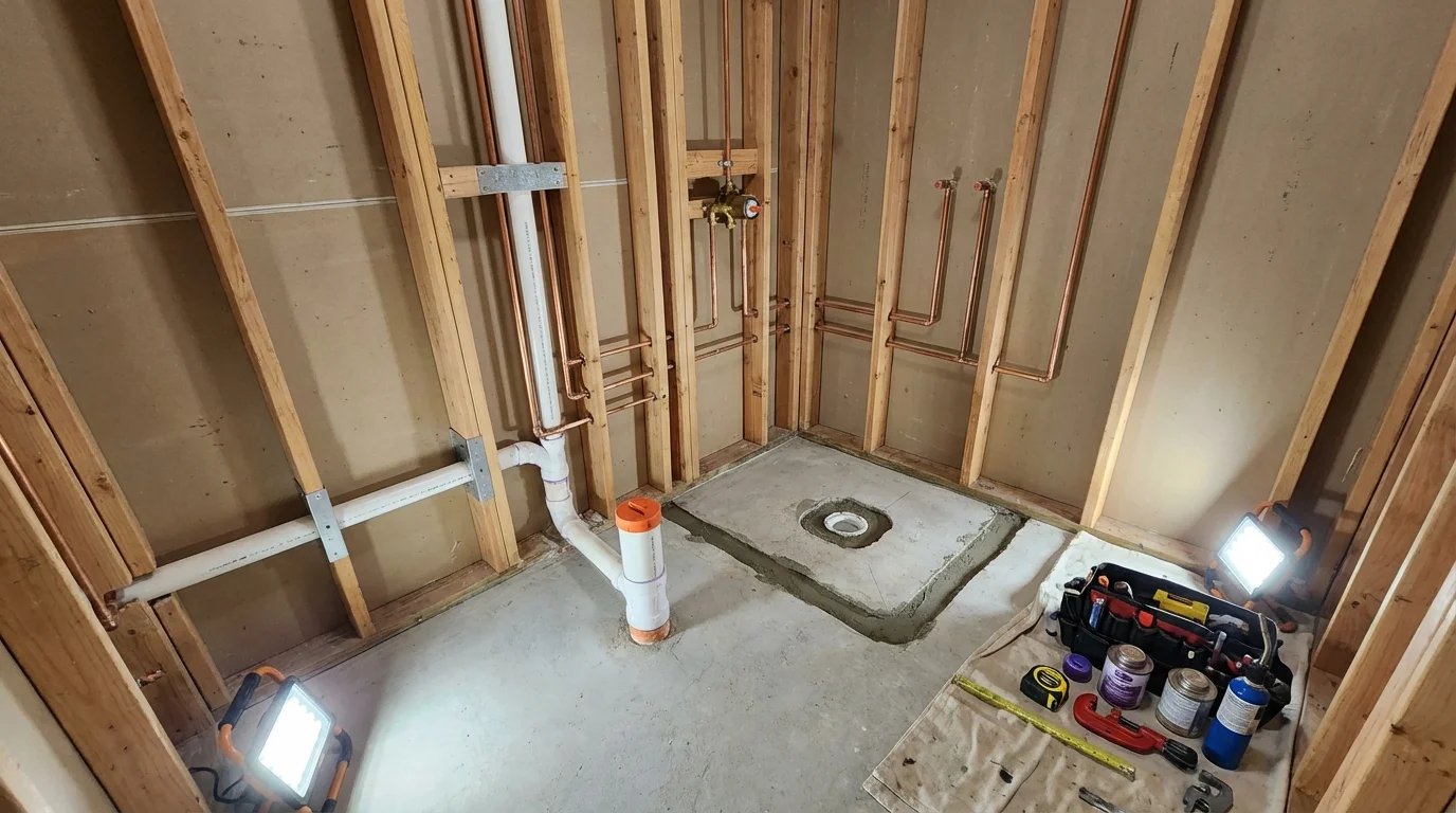 Bathroom rough-in plumbing during remodel by Johns Plumbing LLC in Charles City