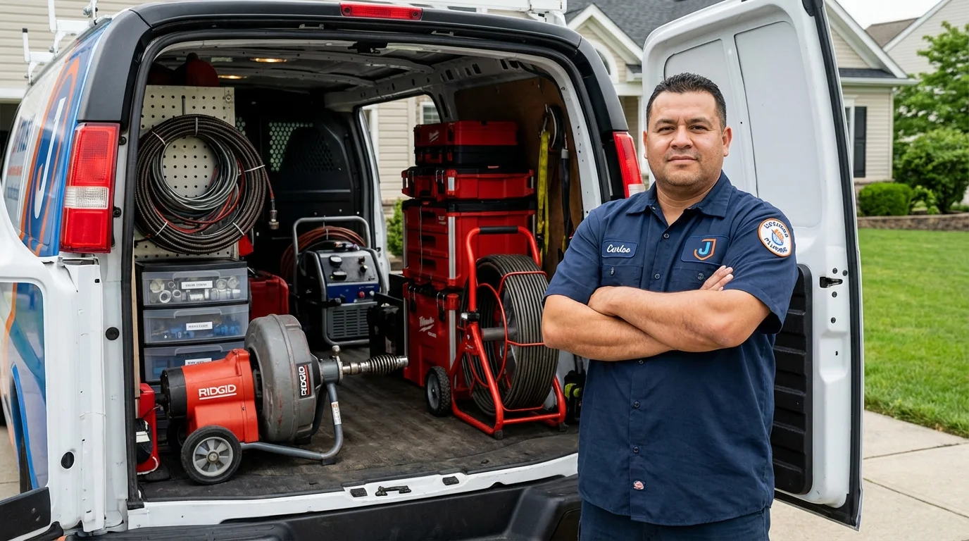 Professional drain cleaning equipment and Johns Plumbing LLC plumber in Charles City