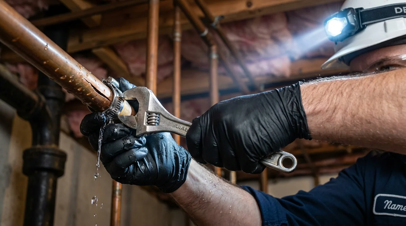 Emergency pipe clamp repair being performed by a Johns Plumbing LLC plumber in Charles City