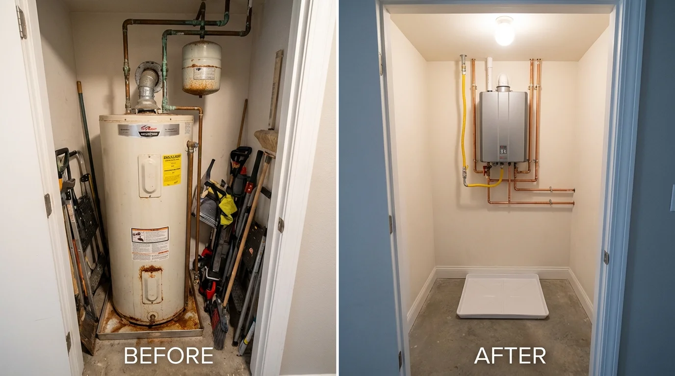 Tank water heater versus wall-mounted tankless unit comparison for Charles City, IA homeowners