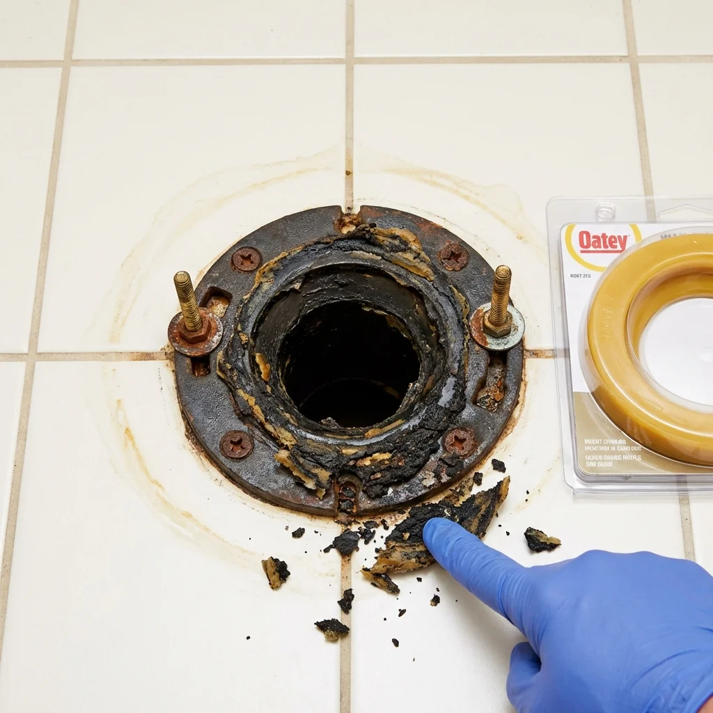 Failed wax ring showing water seepage at the base of a toilet in a Charles City, IA home