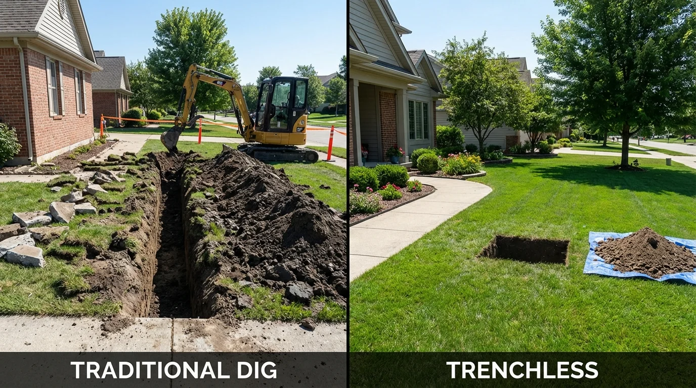 Trenchless sewer repair with minimal yard damage versus traditional excavation in Charles City, IA