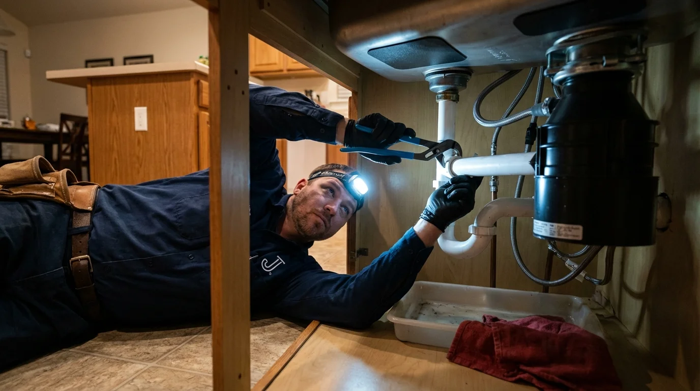 P-trap and supply line connections under a kitchen sink showing a common leak point in Charles City, IA